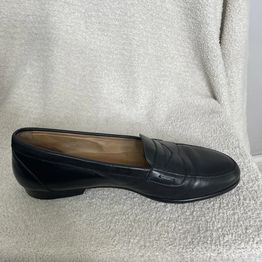 $750 Santoni Solid‎ Black Penny Loafers Leather Shoes Men's Size 10.5 FLAWED